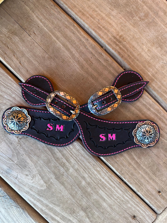Youth spur straps with conchos and initials