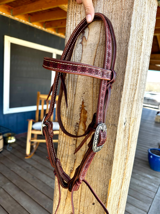 Flower stamped pony brow-band headstall