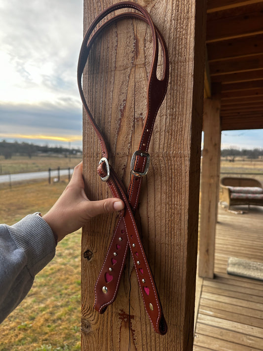 Inlaid pink heart split ear headstall