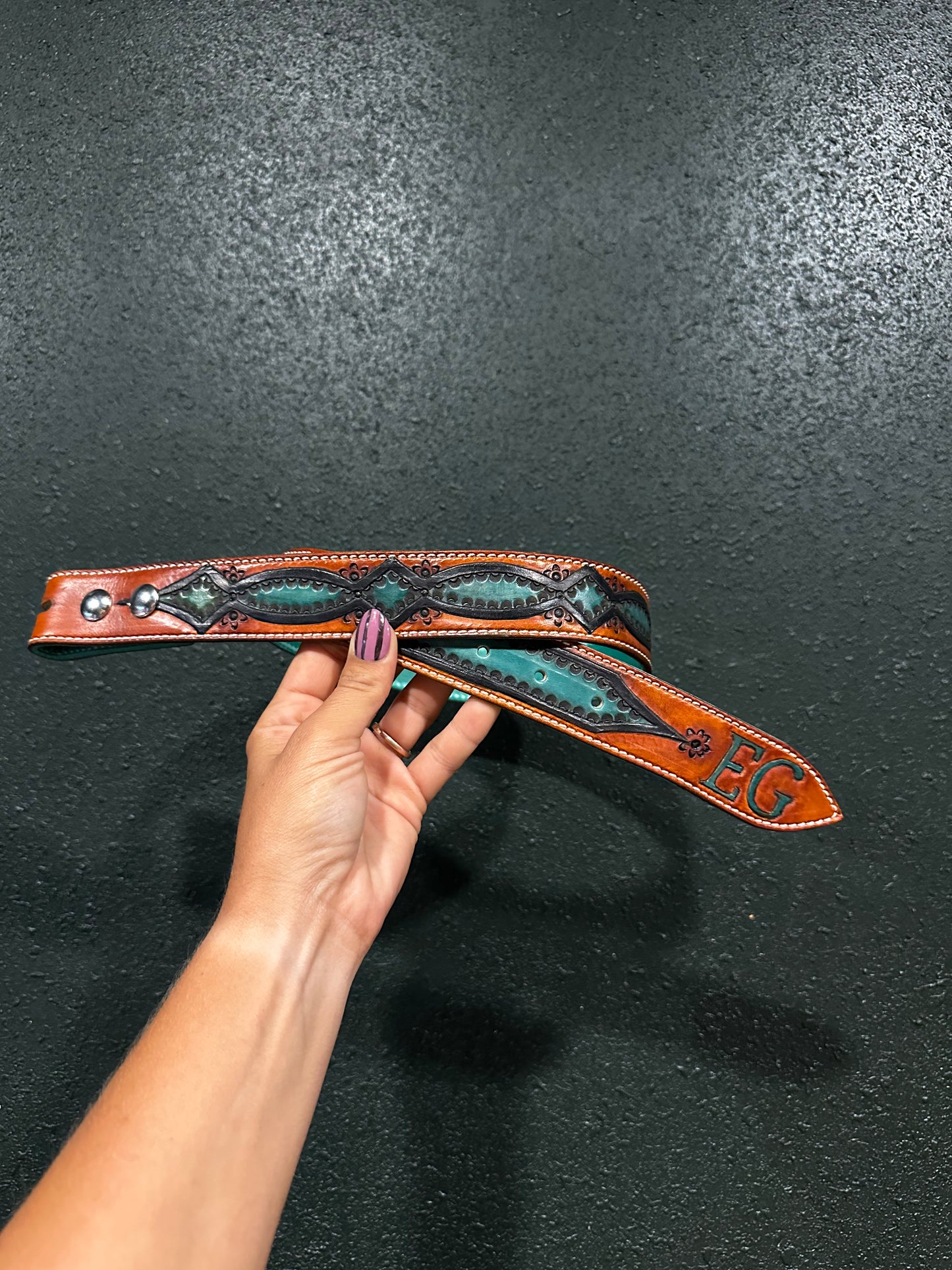 Gunbelt tooled turquoise belt. Custom size+ initials