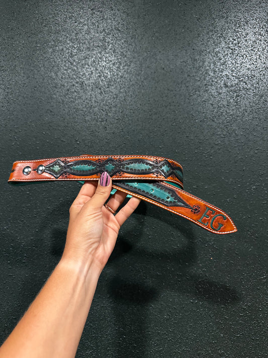 Gunbelt tooled turquoise belt. Custom size+ initials