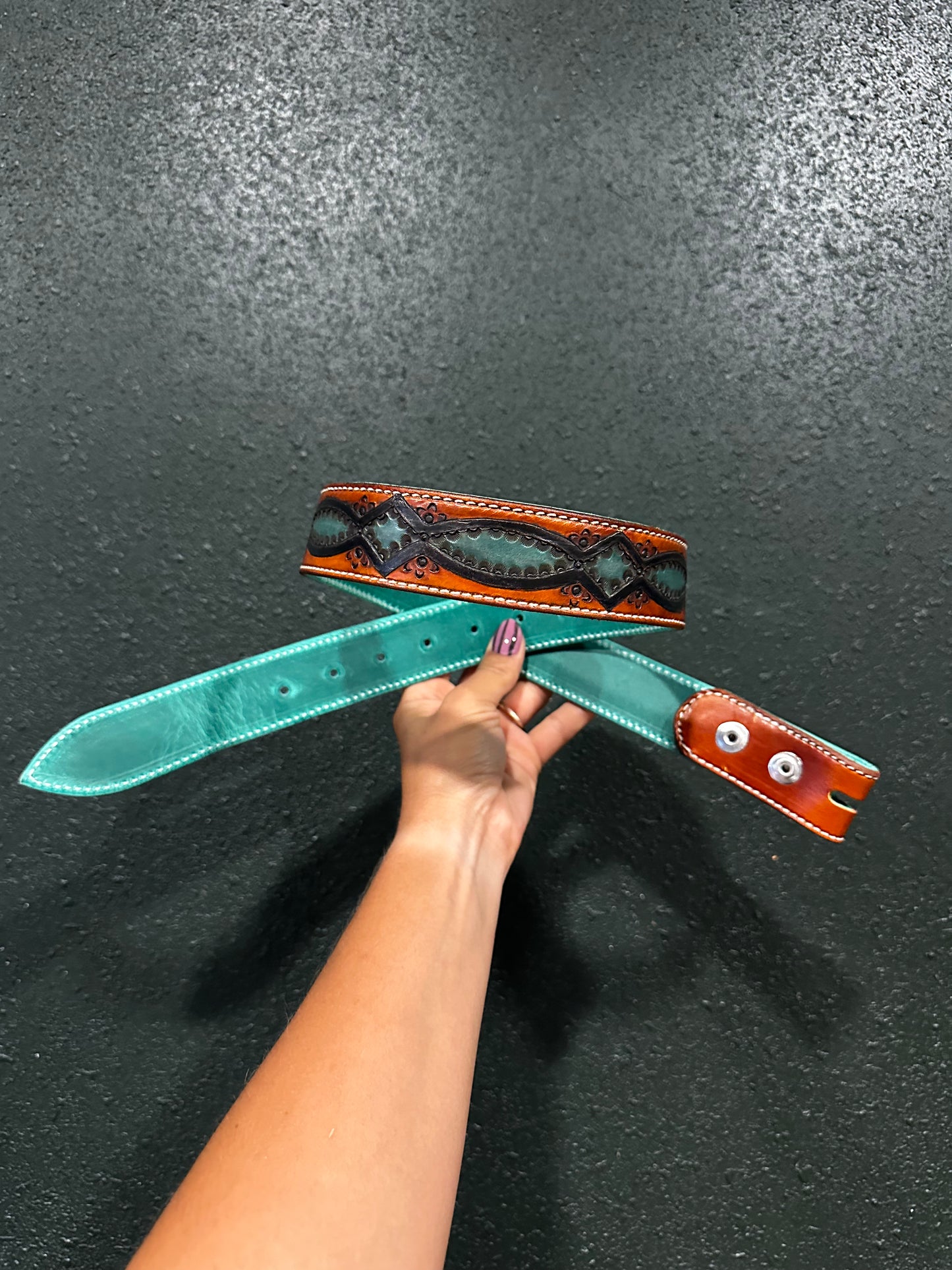Gunbelt tooled turquoise belt. Custom size+ initials